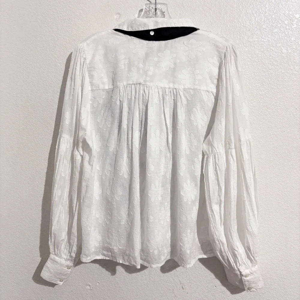 Anthropologie Forever That Girl Tie-Neck Long Sleeve Blouse in White & Black - Picture 7 of 11
